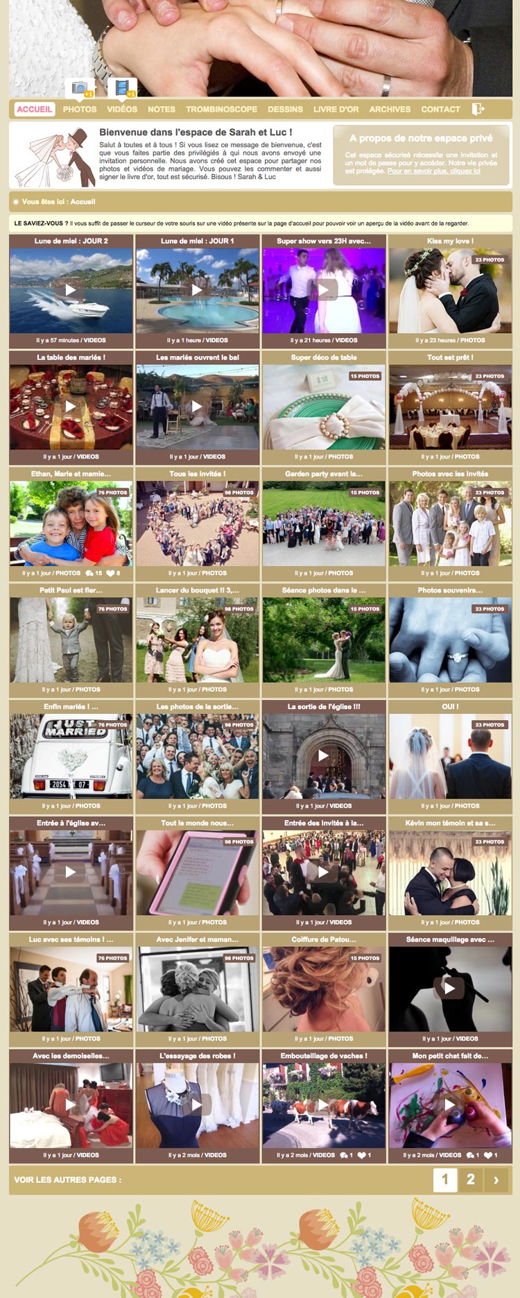 Exemple d'un espace mariage avec albums photos vidéos et partage sécurisé
